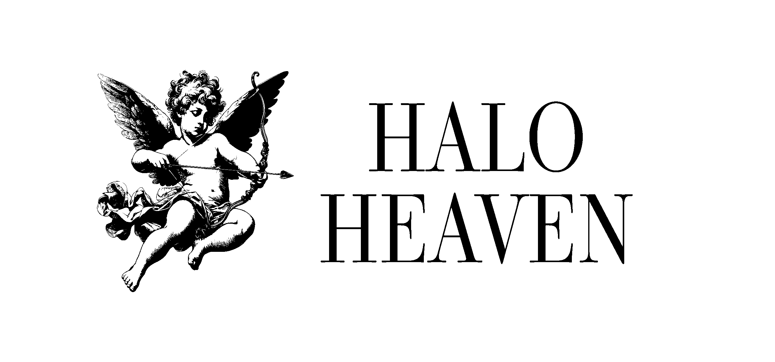 Logo firmy "HALO HEAVEN" na ciemnozielonym tle. Po lewej stronie logo znajduje się czarna sylwetka uskrzydlonego Kupidyna, trzymającego łuk, zwróconego w prawo. Po prawej stronie, pionowo ułożone czarne, stylizowane litery tworzą napis "HALO HEAVEN".